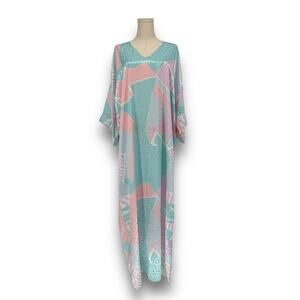 Vintage 1980s Mary McFadden Silky Kaftan Maxi Dress Pastel Abstract Print USA